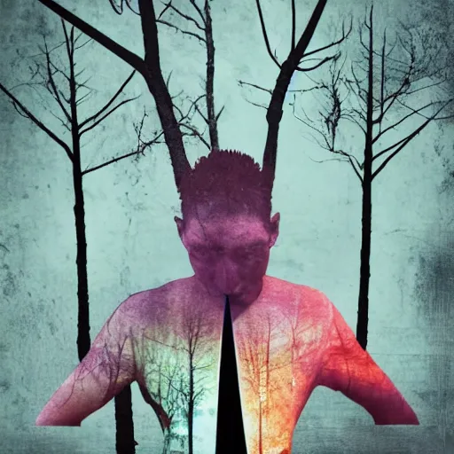 Image similar to overstimulated by visual sound, large human ear, mixed media, unnatural trees, somber, sadness, sharpness, edgy punk modern graphic design collage art