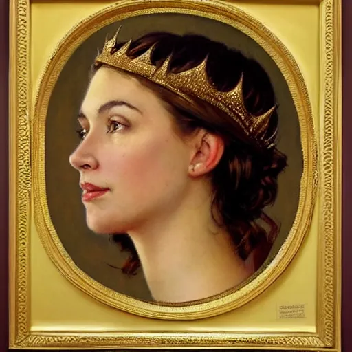 Prompt: left side portrait of a young queen with a golden crown, head only, headshot, royalty, surrounded by gold leaves by Stanley Artgerm Lau , greg rutkowski, thomas kindkade, alphonse mucha, loish, norman rockwell, J. C. Leyendecker. dark brown hair, mouth slightly open, thorn frame. D&D, fantasy. Trending on artstation rule of thirds extremely detailed render, extremely realistic, detailed lighting, octane hd 4k