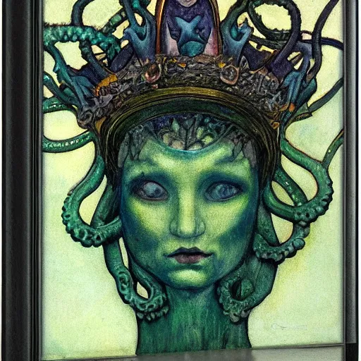 Image similar to the tentacle crown,by Annie Swynnerton and Diego Rivera, symbolist, dramatic lighting, elaborate geometric ornament, Art Brut, bioluminescent, soft blues and greens,smooth, sharp focus, extremely detailed, Adolf Wölfli