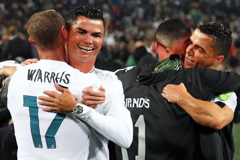 Prompt: darren watkins jr hugging cristiano ronaldo