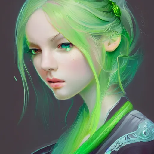 Prompt: teen girl, light green hair, gorgeous, amazing, elegant, intricate, highly detailed, digital painting, artstation, concept art, sharp focus, illustration, art by Ross tran