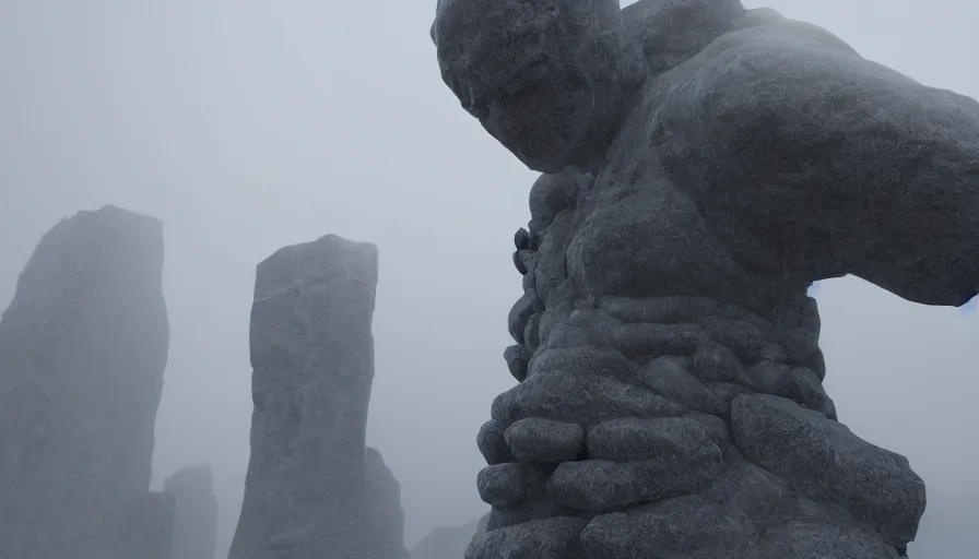 Prompt: Giant stone statue with villages built all around in the snowy mountains, light morning fog, volumetric light, hyperdetailed, artstation, cgsociety, 8k