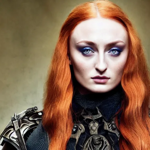 Image similar to sophie turner as a necromancer, dnd, extreme detail, gorgeous, portrait, beautiful, sharp focus, 4 k