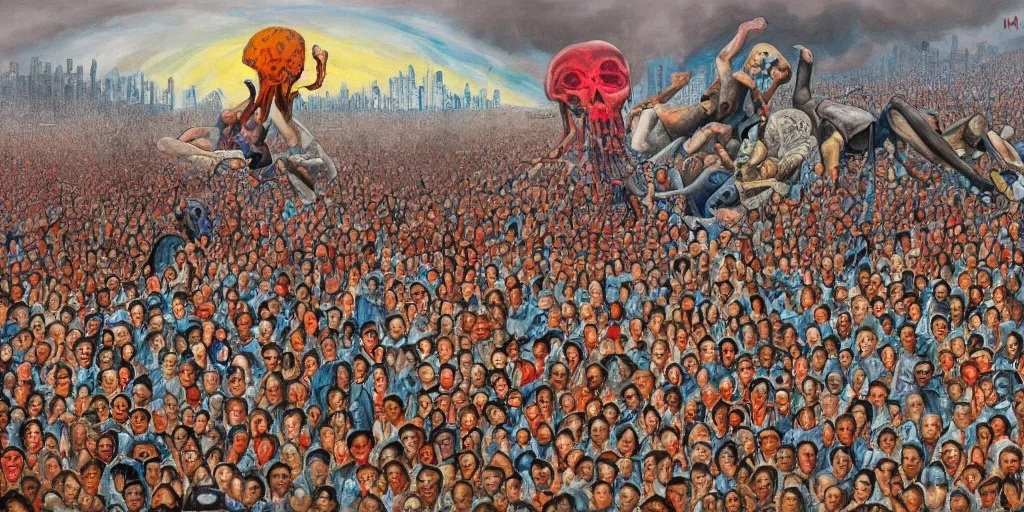 Image similar to painting by max earnst, disease decimating a global population