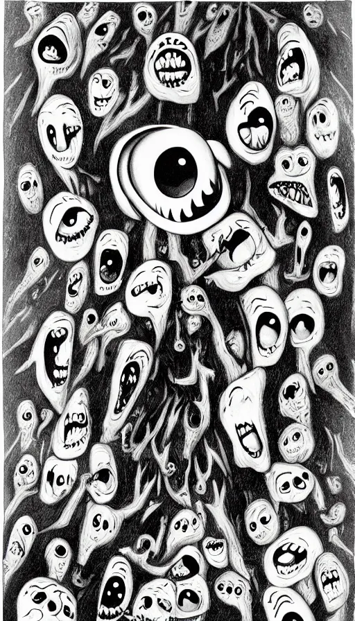 Prompt: a storm vortex made of many demonic eyes and teeth, by charles addams