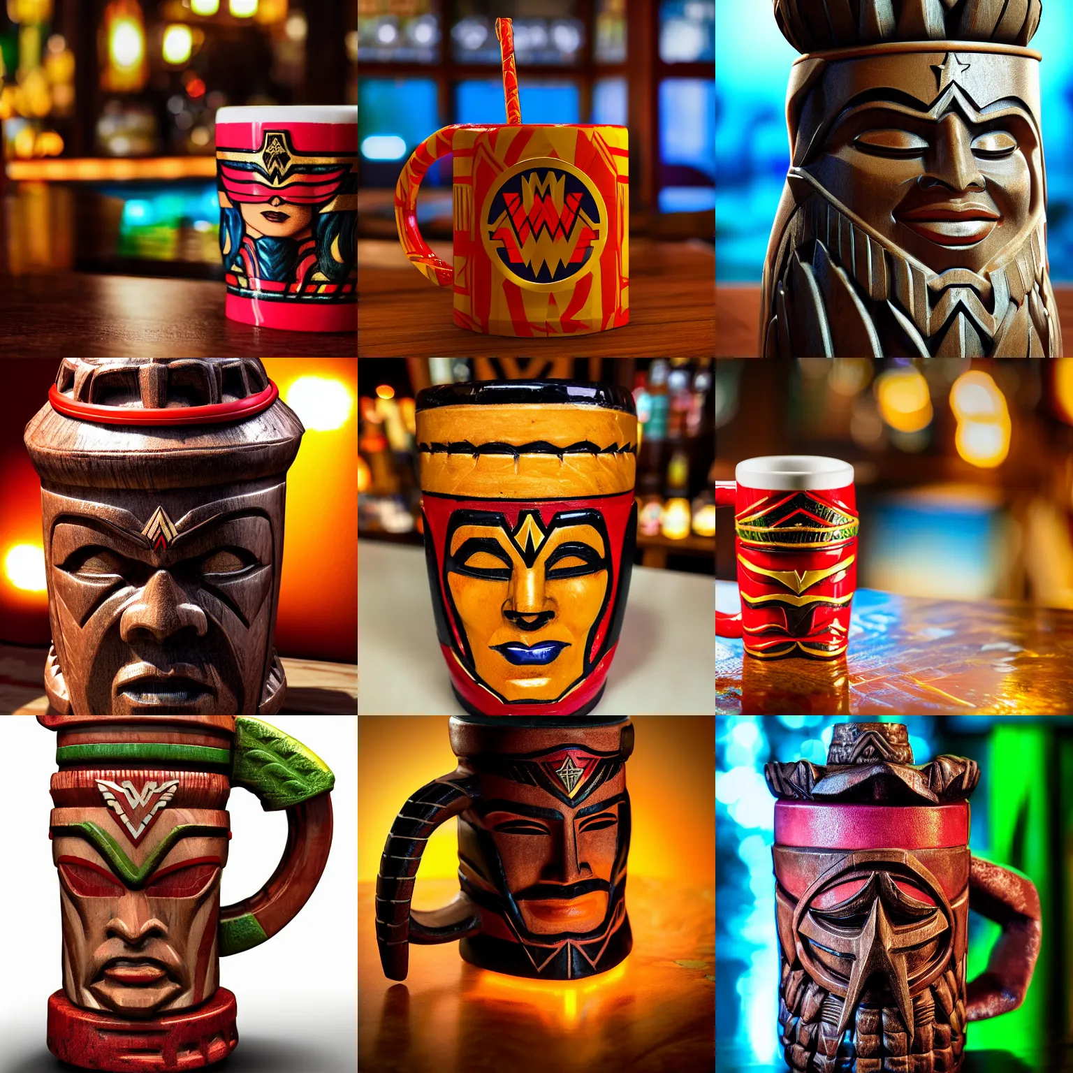 Prompt: a closeup photorealistic photograph of wonder woman tiki style mug at trader vic's bar. brightly lit scene. this 4 k hd image is trending on artstation, featured on behance, well - rendered, extra crisp, features intricate detail, epic composition and the style of unreal engine.
