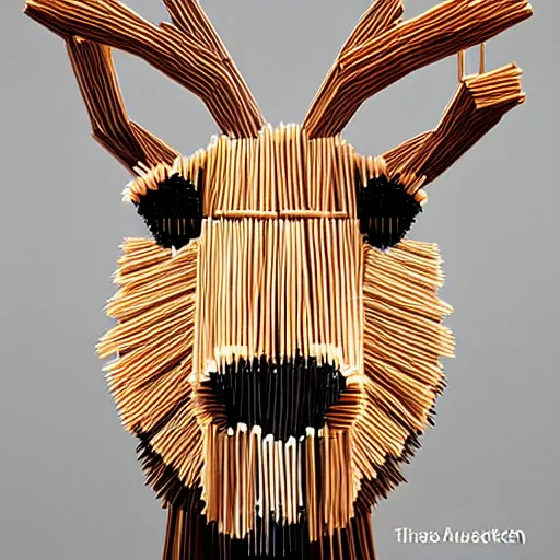 Prompt: detailed reindeer made from match sticks like lowpoly wooden machine, by theo jansen, cgsociety