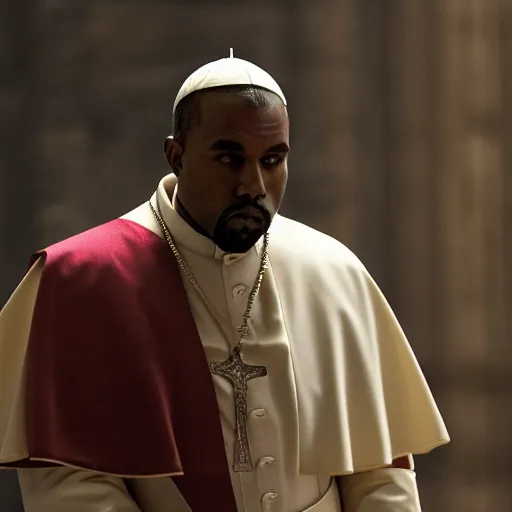 Image similar to saint kanye west as the pope pope in the vatican ( gears of war battlefield 5 ), splash art, movie still, cinematic lighting, dramatic, detailed face, octane render, long lens, shallow depth of field, bokeh, anamorphic lens flare, 8 k, hyper detailed, 3 5 mm film grain