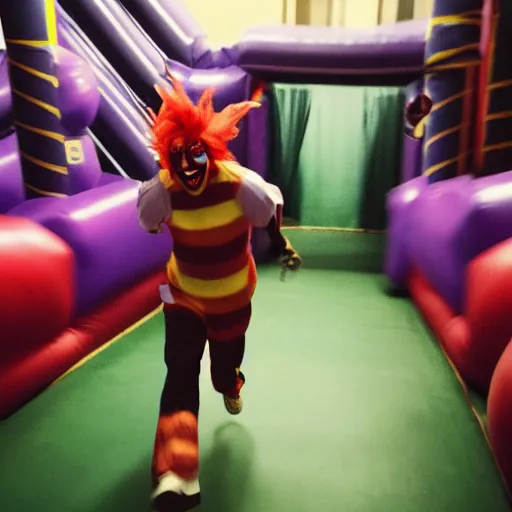Image similar to photo, chased by a scary clown in infinite corridors made of bouncy castle