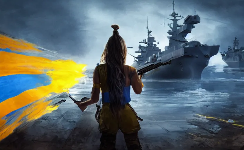 Prompt: view from behind of a girl in national clothes with blue and yellow stripes in her hair and a huge rifle in her hands standing against and facing a Russian warship, and she is ready to fight, left side is blue and yellow flag, concept art, сinematic lighting, insanely detailed, smooth, sharp focus, Artstation, 8k, unreal engine, volumetric lighting, digital illustration by Ruan Jia and Mandy Jurgens and Artgerm and Wayne Barlowe and Greg Rutkowski and Zdislav Beksinski