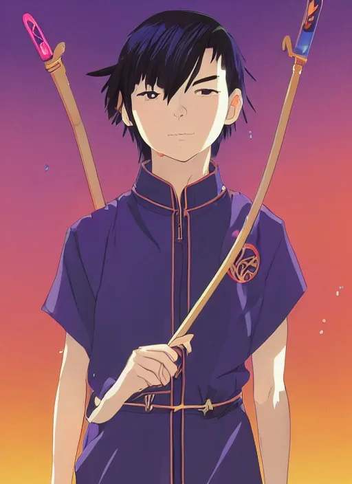 Image similar to teenager boy with straight indigo hair, purple eyes with red eye markers, slim body, wearing a detailed Japanese kimono with golden armpieces, holding a pair of fans. rich vivid colors, ambient lighting, dynamic lighting, 4k, official media, anime key visual, makoto shinkai, ilya kuvshinov, lois van baarle, rossdraws, detailed, trending on artstation