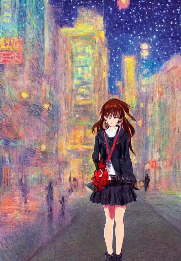 Prompt: wide angle anime portrait of a teenage girl, a thrifty outfit, very anime in impressionist style, city street view background, starlit night sky, trending artwork, anime painter studio, by claude monet