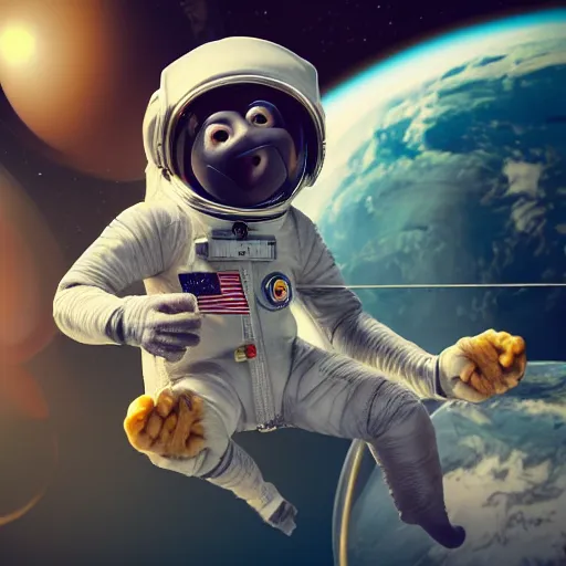 Prompt: astronaut monkeys laughing throwing bananas on each other, realistic, dramatic light, octane render, trending on artstation, cinematic, hyper realism, high detail, 8k