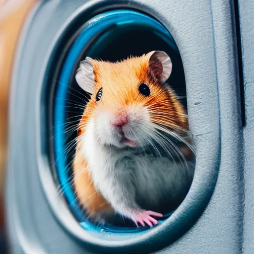 Image similar to detailed photo of a hamster sitting in a train, various poses, wide shot, unedited, daylight, dof, sharp focus, 8 k