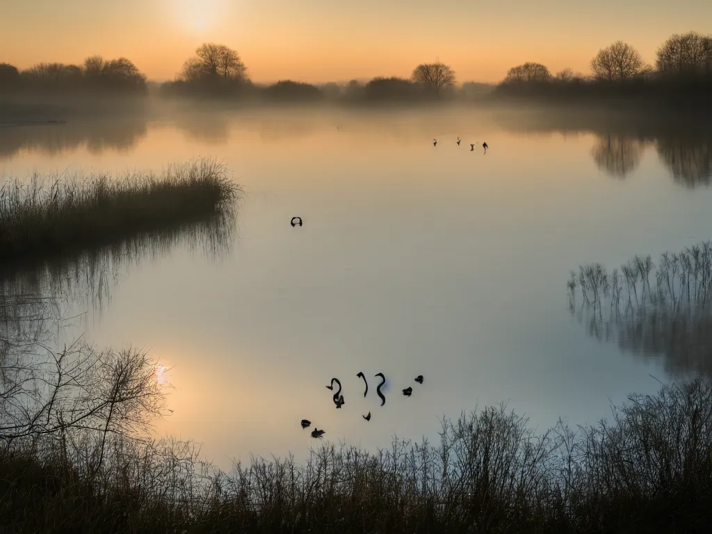 Image similar to A landscape photo taken by Kai Hornung of a river at dawn, misty, early morning sunlight, cold, chilly, two swans swim by, rural, English countryside