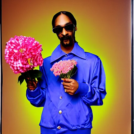 Image similar to cyperpunk Snoop Dogg holding a Vase of flowers for a 1990s sitcom tv show, Studio Photograph, portrait, C 12.0