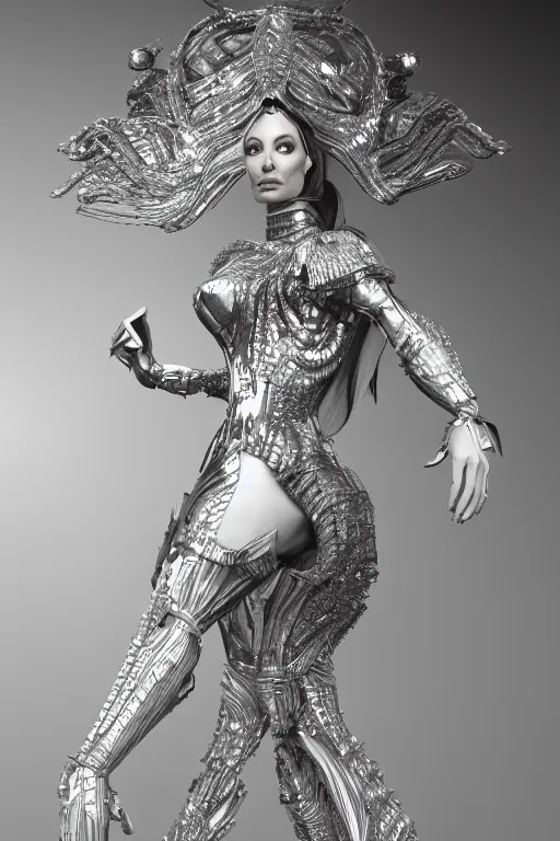 Image similar to a highly detailed 4 k render portrait of an alien goddess angelina jolie in iris van herpen dress schiaparelli armor in diamonds and lots of jewelry in style of alphonse mucha trending on artstation made in unreal engine 4