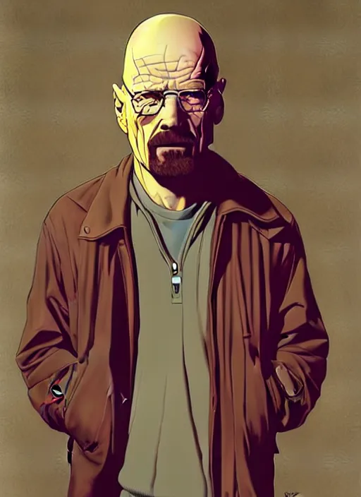 Image similar to highly detailed poster artwork by Michael Whelan and Tomer Hanuka, of Walter White, from scene from Breaking Bad, clean