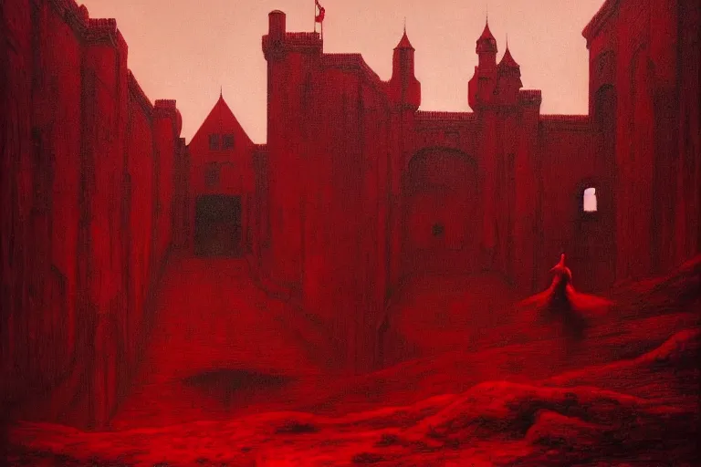 Image similar to only with red, in a red dream world, a crimson tiger, a castle in the background, medieval demons, an ancient path in the style of beksinski, part by hopper, part by rodcenko, part by hofbauer, intricate composition, red by caravaggio, insanely quality, highly detailed, masterpiece, red light, artstation