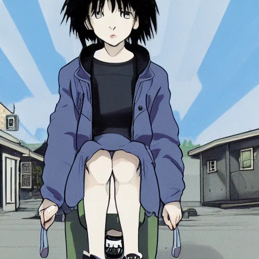 Image similar to a portrait of tomboy Lain from serial experiments: Lain Shinji with a town behind