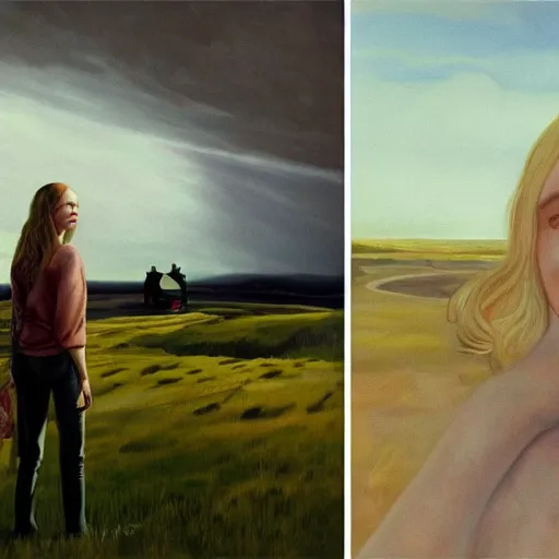 Image similar to Elle Fanning in the painted world of Drive, head and shoulders masterpiece, apocalypse, golden hour, cosmic horror, artstation, in the style of Andrew Wyeth and Edward Hopper and Bosch, extremely detailed