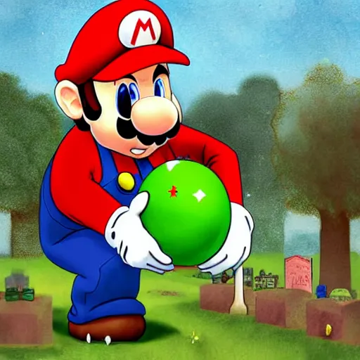 Image similar to An elderly Mario wearing his red cap kneels in a graveyard. In front of him, there is a tombstone with a drawing of Yoshi\'s head chiseled into it. The trees in the graveyard are bare. The art evokes a sensation of loss and nostalgia. Digital art