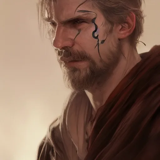 Image similar to rugged robed white male sorcerer, fantasy, D&D, portrait, piercing stare, highly detailed, digital painting, artstation, concept art, matte, sharp focus, illustration, art by artgerm and greg rutkowski and alphonse mucha