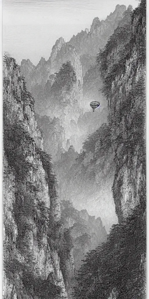 Prompt: an engraving of an airship flying through the zhangjiajie national forest park by gustave dore, highly detailed, storybook illustration, shan shui, chinese landscape, lithograph engraving