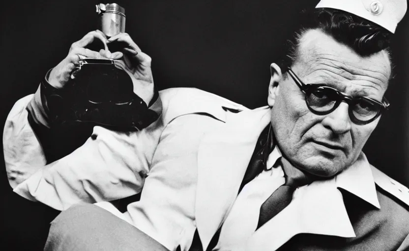 Prompt: 50s movie still of Josip Broz Tito , by Irving Penn , Cinestill 800t 10mm dutch angle , heavy grainy picture, very detailed, high quality, 4k, HD criterion, precise texture,