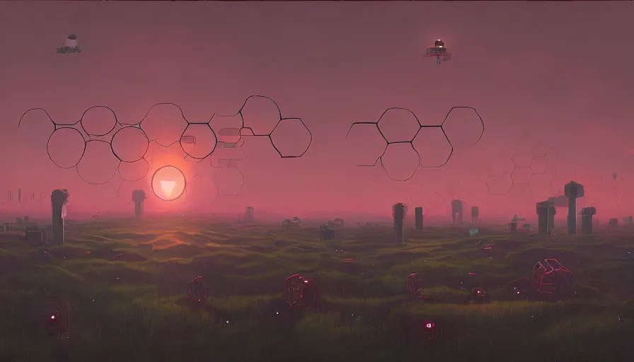 Prompt: hexagons in the sky in front of the sun, simon stalenhag