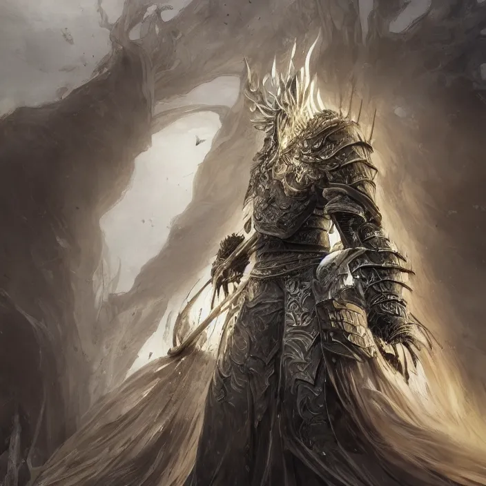 Image similar to beautiful illustrated portrait of the nameless king (from Dark Souls III) the god of storms and warfare wearing heavy iron armor, painted, 4k artwork, trending on artstation, octane render, art by artgerm and greg rutkowski and alphonse mucha and craig mullins and James Jean and Andrei Riabovitchev and Marc Simonetti and peter mohrbacher