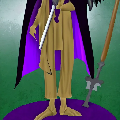 Image similar to grim reaper, purple cloak, full body, scythe