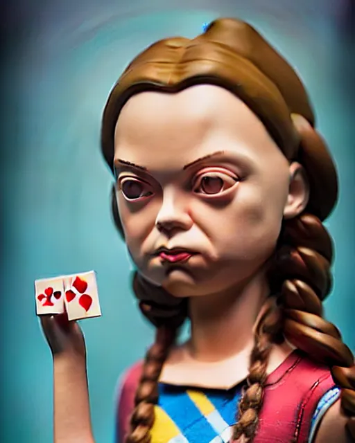 Image similar to closeup profile portrait of a low poly tin toy greta thunberg as a gangster's moll in a gambling den, bikini, hyper realistic, artstation, illustration, nicoletta ceccoli, mark ryden, lostfish, max fleischer, digital paint, matte paint, vivid colors, bright, cheerful, detailed and intricate environment