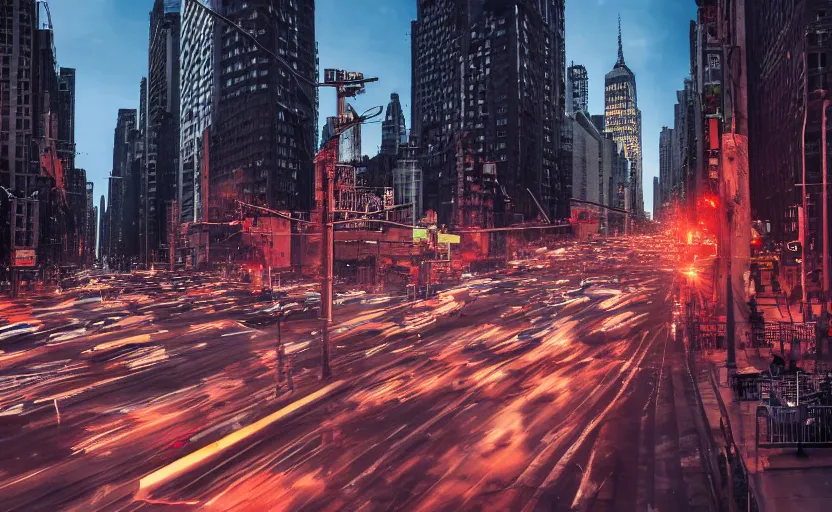 Image similar to busy nyc street , dense traffic , metro train on bridge over street, cinematic lighting, still photo