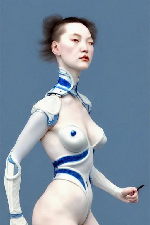 Image similar to porcelain cyborg, Chinese Blue and white porcelain exoskeleton 14th century, diffuse lighting, fantasy, elegant, lifelike, photorealistic, digital painting, artstation, illustration, concept art, smooth, sharp focus, art by John Collier and Albert Aublet and Krenz Cushart and Artem Demura and Alphonse Mucha, 8k, sharp, high quality artstation art