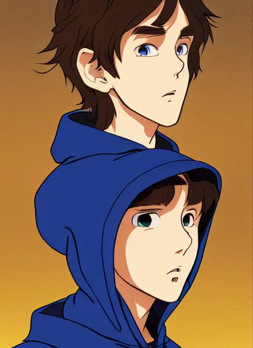 Prompt: teen boy with brown hair and big blue eyes, wearing a black hoodie with cat ears on top of it, natural lighting, path traced, highly detailed, high quality, cartoon, digital painting, by don bluth and ross tran and studio ghibli and alphonse mucha