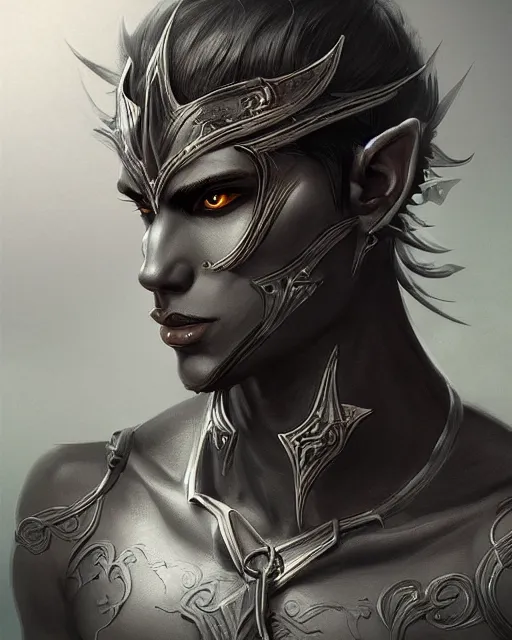 Image similar to a handsome young male dark elf, obsidian skin, fantasy, intricate, elegant, highly detailed, digital painting, artstation, concept art, sharp focus, illustration