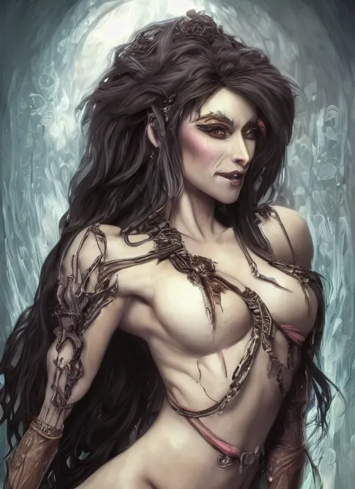 Image similar to female darkelf bard, beautiful detailed eyes and a bright smile, dirty, fantasy, intricate, rough, highly detailed, digital painting, 4k, HDR, concept art, smooth, sharp focus, upper body shot, illustration, art by Artgerm, H R Giger and Alphonse Mucha