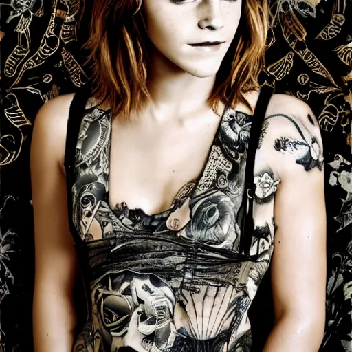 Prompt: Portrait photo of Emma Watson with many tattoos