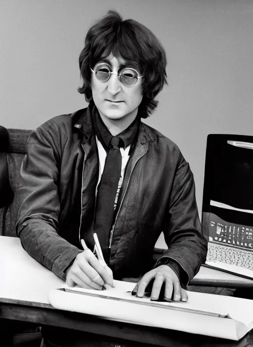 Image similar to john lennon sitting a desk typing on a laptop computer, black and white photo, real, photorealistic