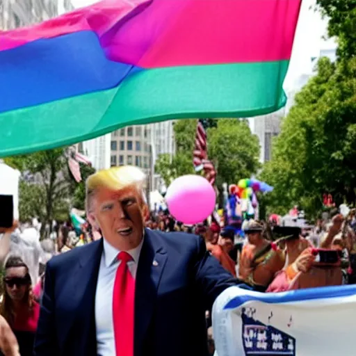 Image similar to photograph of donald trump wearing a trans flag suit at a pride parade