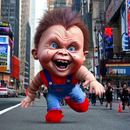 Image similar to giant chucky doll attacking new york city and causing destruction, people running in terror