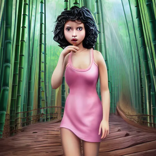 Image similar to A young beautiful giantess with a pretty face,she has green eyes, a cute nose and pink lips,she is wearing a sundress and a face mask, she is walking in a bamboo forest ,detailed body and eyes,proper anatomy, beautiful lighting,,digital art , highly detailed , high contrast, beautiful lighting, award winning , trending on art station, 8k, photo realistic,unreal engine 5