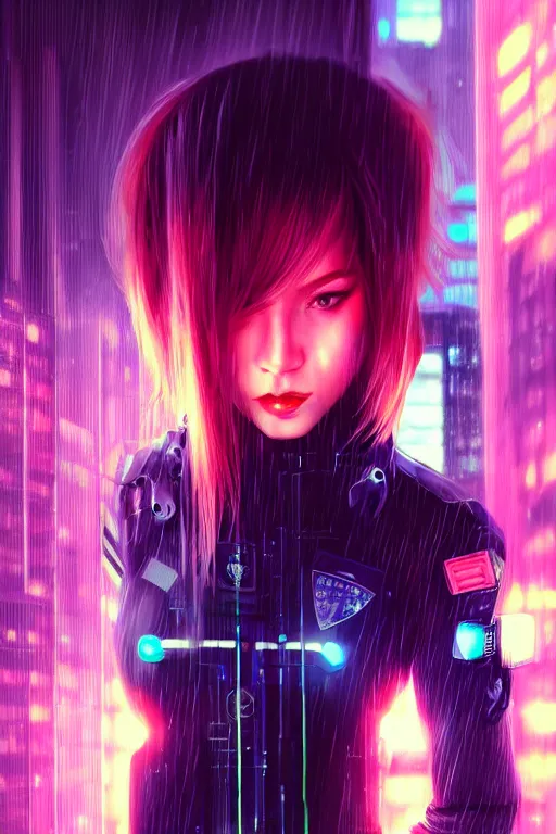 Image similar to portrait futuristic lovely cyberpunk female police, in heavy rainning futuristic tokyo rooftop cyberpunk night, ssci-fi, fantasy, intricate, very very beautiful, elegant, neon light, highly detailed, digital painting, artstation, concept art, soft light, hdri, smooth, sharp focus, illustration, art by tian zi and craig mullins and WLOP and alphonse mucha