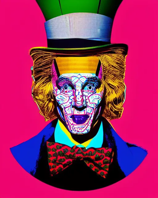 Image similar to symmetrical!! highly detailed vfx portrait of the mad hatter, geometric polygons, global illumination, detailed and intricate environment by andy warhol and tristan eaton