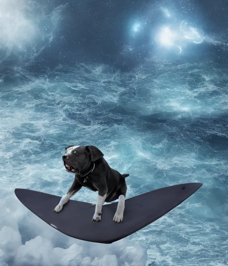 Image similar to photo of a dark gray coat pit bull with a white paws!, surfing on a surfboard in a crashing wave of alien ocean in space, background is an alien galaxy, matte, aliens in the background, alien colors, octane render, unreal engine, wide view, 8 k, high detaild