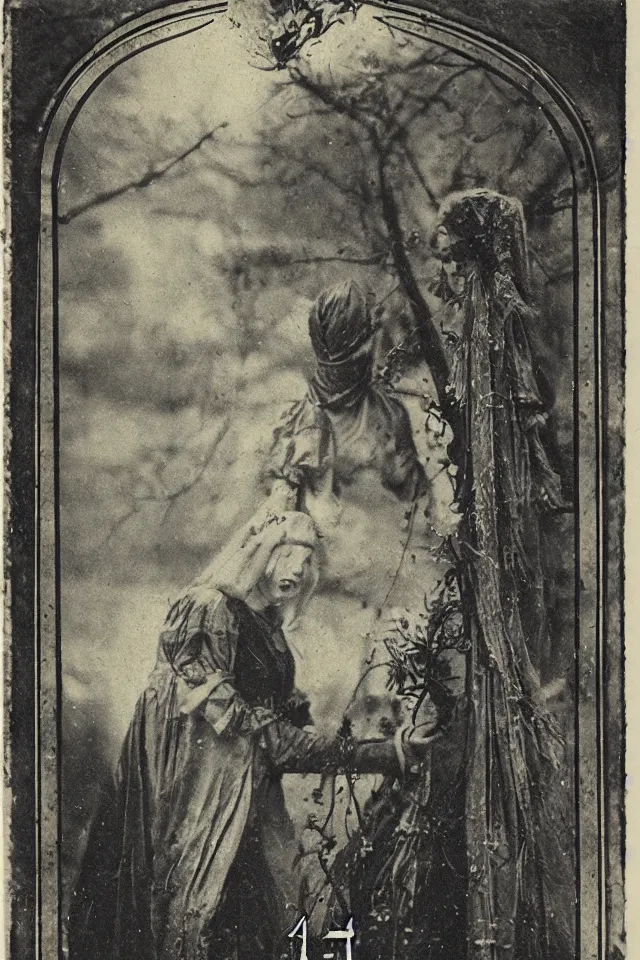 Image similar to wet plate sun tarot card victorian era, ghosts in the background, in the time of plague, no borders