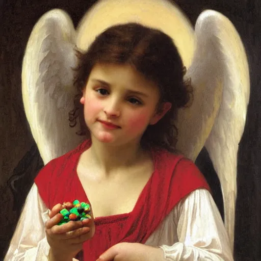 Image similar to an oil painting of an angel inside a theater eating small M&M candies, by Bouguereau, highly realistic and intricate