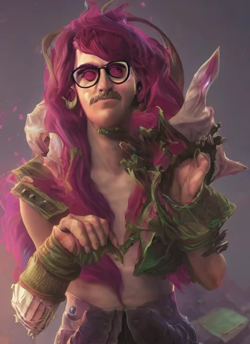 Image similar to charly garcia as a character from league of legends, hyper detailed, digital art, overhead view, trending in artstation, studio quality, smooth render, unreal engine 5 rendered, octane rendered, art style by klimt and nixeu and ian sprigger and wlop and krenz cushart