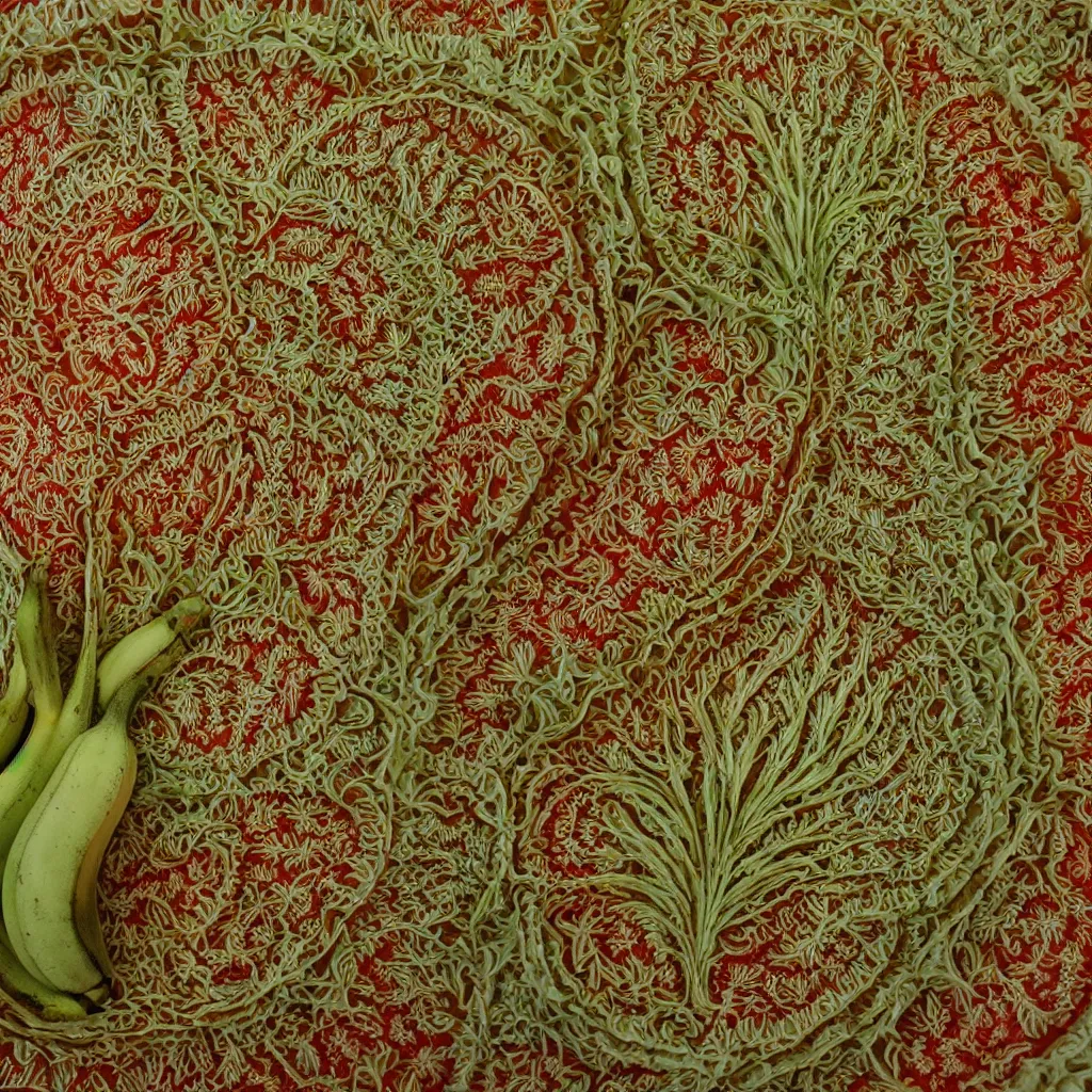 Image similar to circular fractal bananas that grow like coral, inside art nouveau embroidered plate with petal shape, big leaves and stems, roots. closeup, hyper real, food photography, high quality